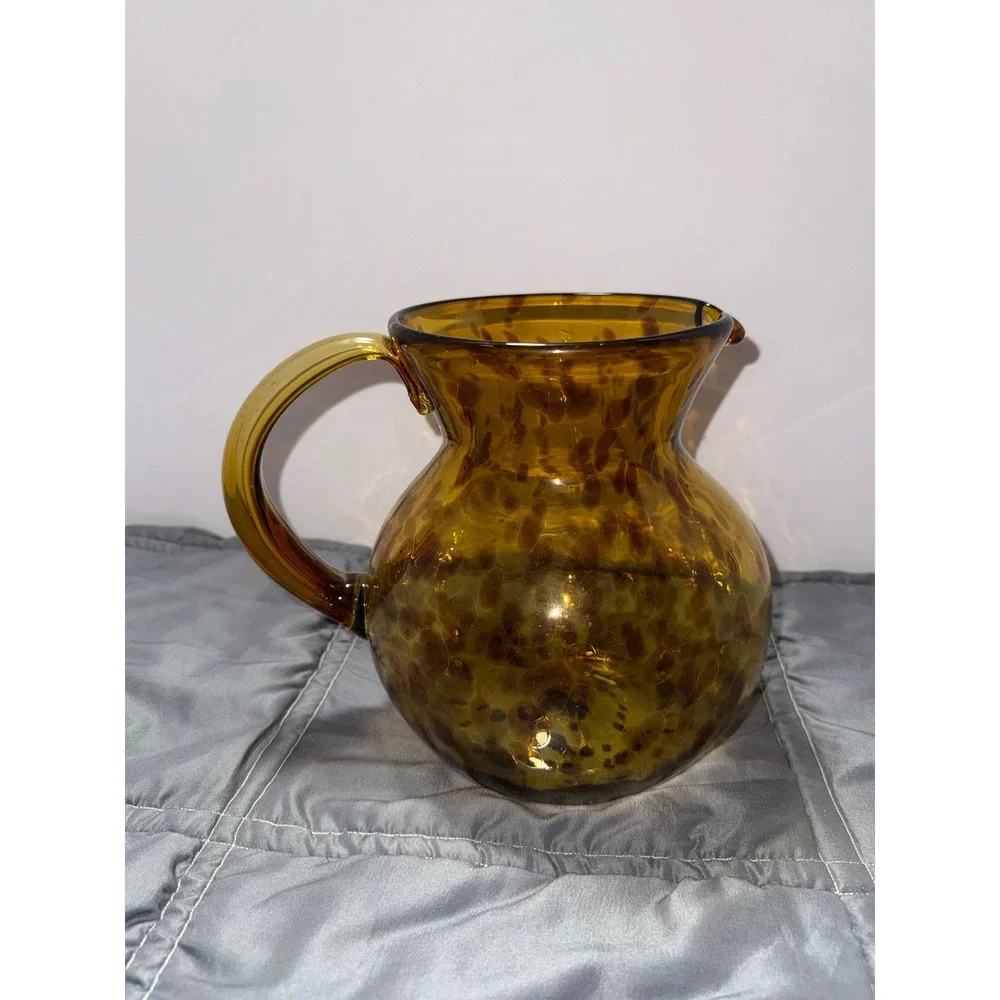 Hand Blown Amber Tortoiseshell Glass Pitcher Round Leopard Spot Art Glass Carafe